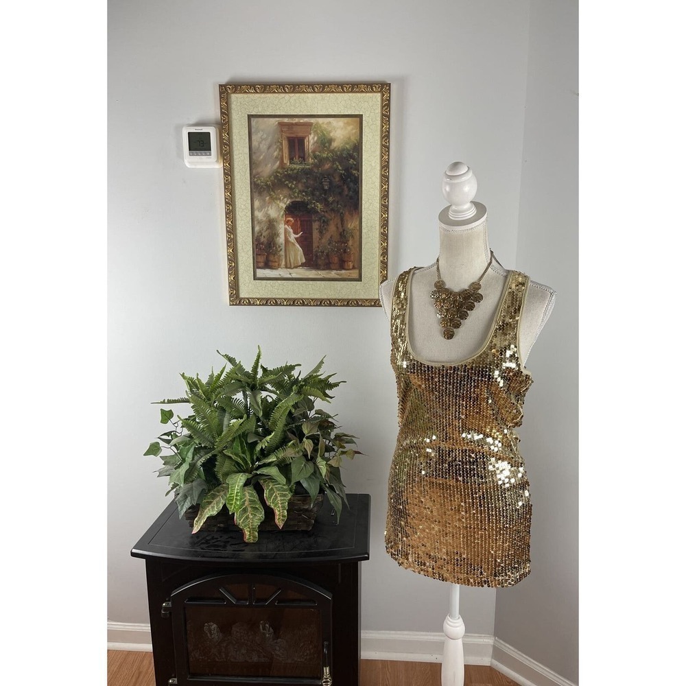 IMAGINARY VOYAGE Tank Top Large Sequin Club Sparkle Bling Party Evening Lined